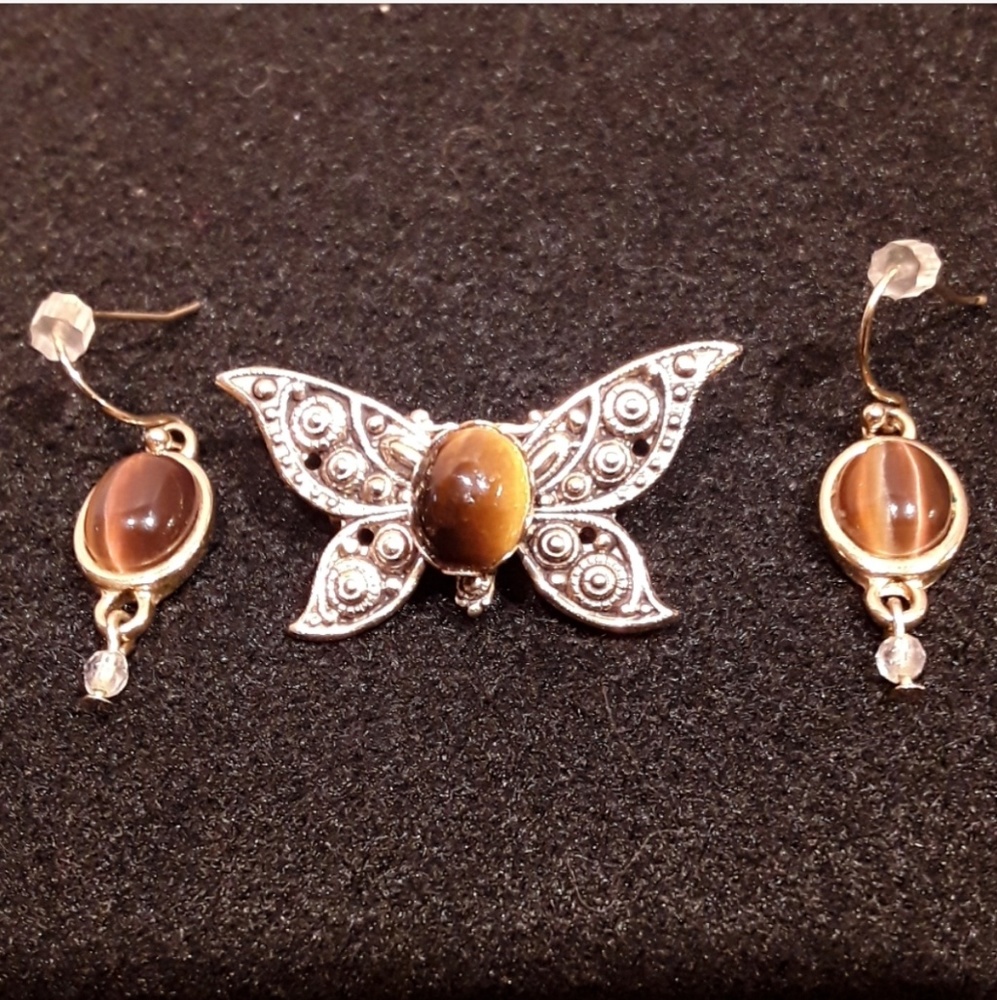 Butterfly brooch and earrings with faux tigers eye